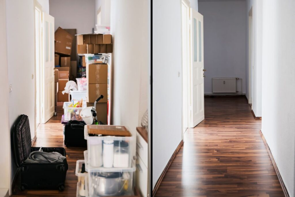 Decluttered staircase and hallway with clear pathways to prevent tripping accidents
