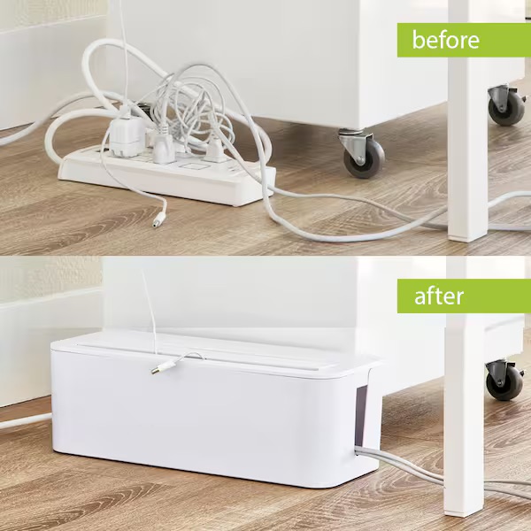 Messy cables under desk vs organized with cable box to reduce tripping hazard