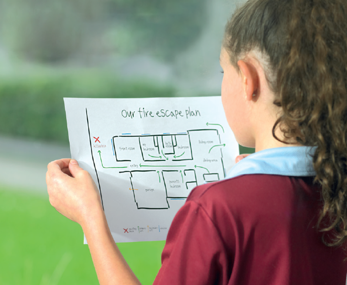 Family creating home fire escape plan during Fire Prevention Month.