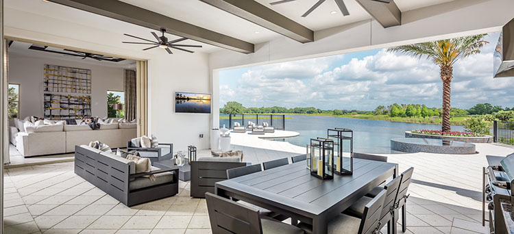Tile flooring expanding between an indoor/outdoor living space