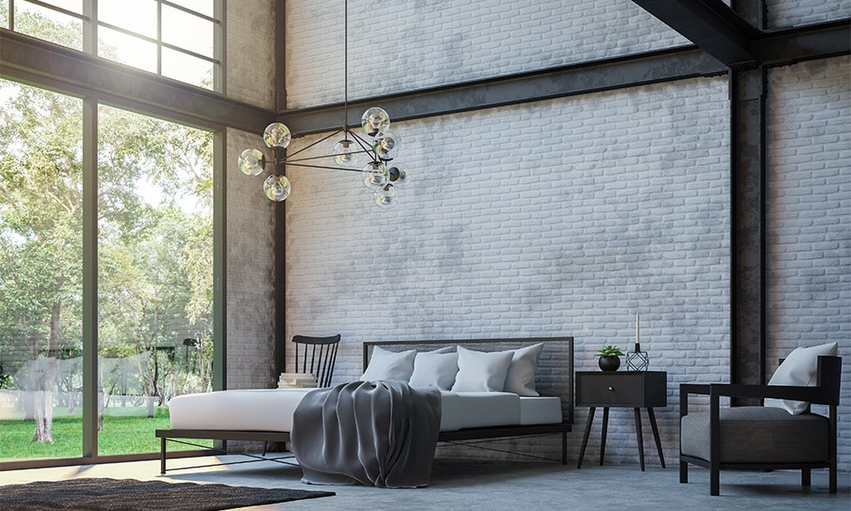 minimalist bedroom decorated with industrial design accents